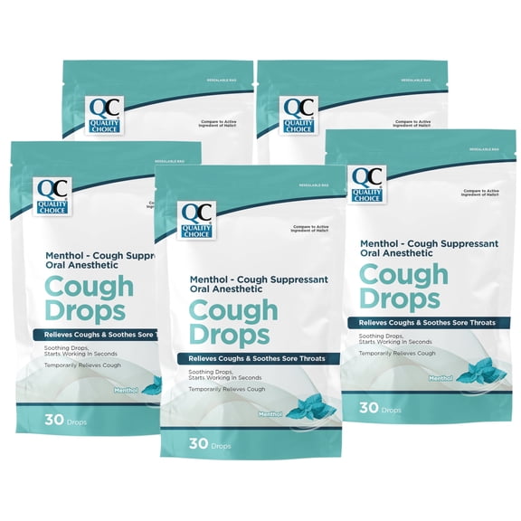 Quality Choice Menthol Eucalyptus Cough & Cold Drops for Cough, Cold, and Sore Throat, 30 Count - 5 Pack