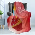 thumbnail image 4 of 70th Birthday Soft Flannel Fleece Throw Blanket, Abstract Sun Beams Inspired Backdrop with Surprise Party Cupcake Image, Cozy Plush for Indoor and Outdoor Use, 50" x 70", Red and Orange, by Ambesonne, 4 of 5