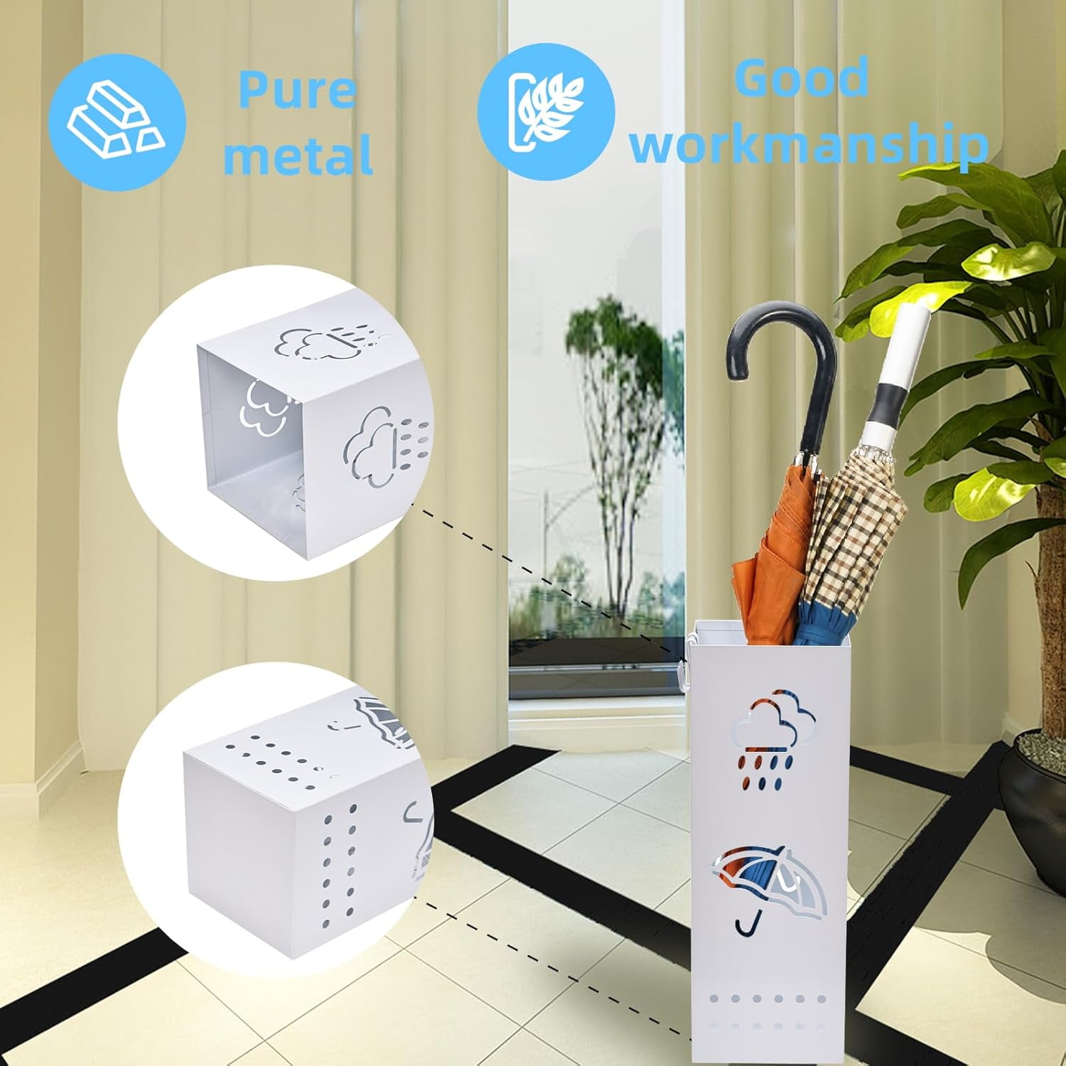 Metal Umbrella Stand for Entryway, White Square Umbrella Organizer Bin, Free Standing Umbrella Holder for Walking Sticks, Home Office Decor