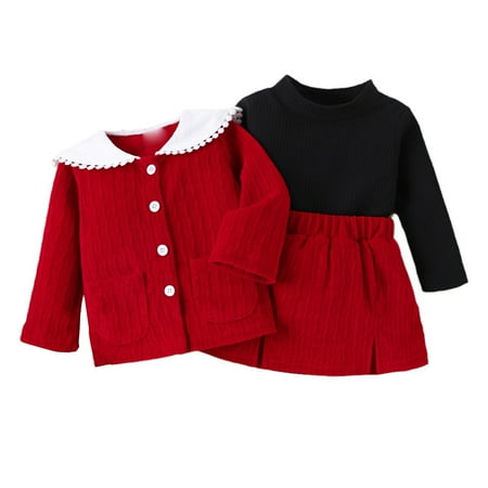 

Baby Boy Outfits Autumn and Winter Black Sweater Red Skirt and Coat Solid Color Long Sleeved Doll Collar Coat with Side Slit Skirt Three Piece Boy Clothes