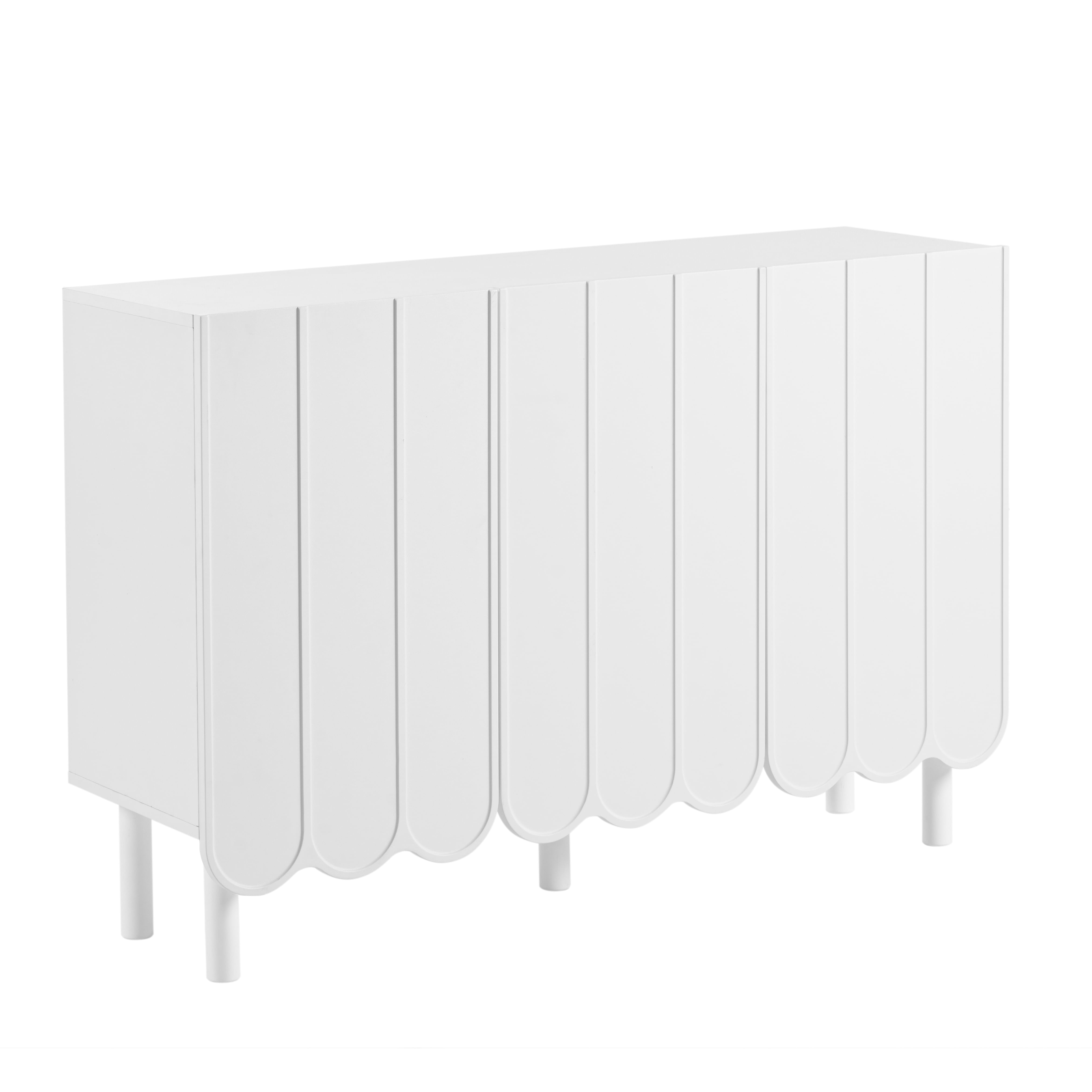 MAYEERTY Cream Style Minimalist Shoe Cabinet with 5 Solid Wood Legs, Sideboard Buffet Cabinet with Adjustable Shelves, Large Storage Cabinet with Wave Doors for Living Room, White
