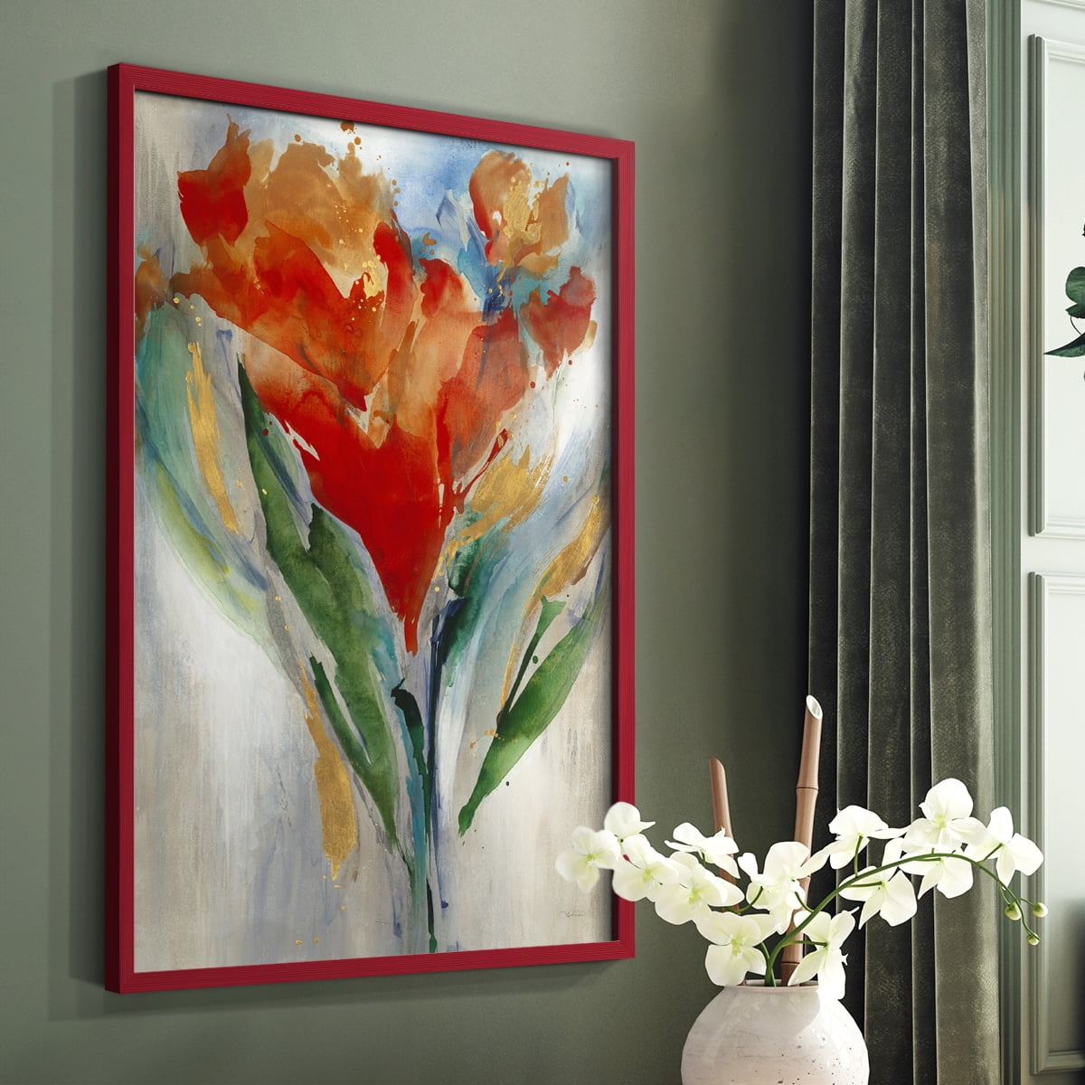 Wild Flower Bouquet Framed Print in Red Solid Wood 11 x 14 Framed Print