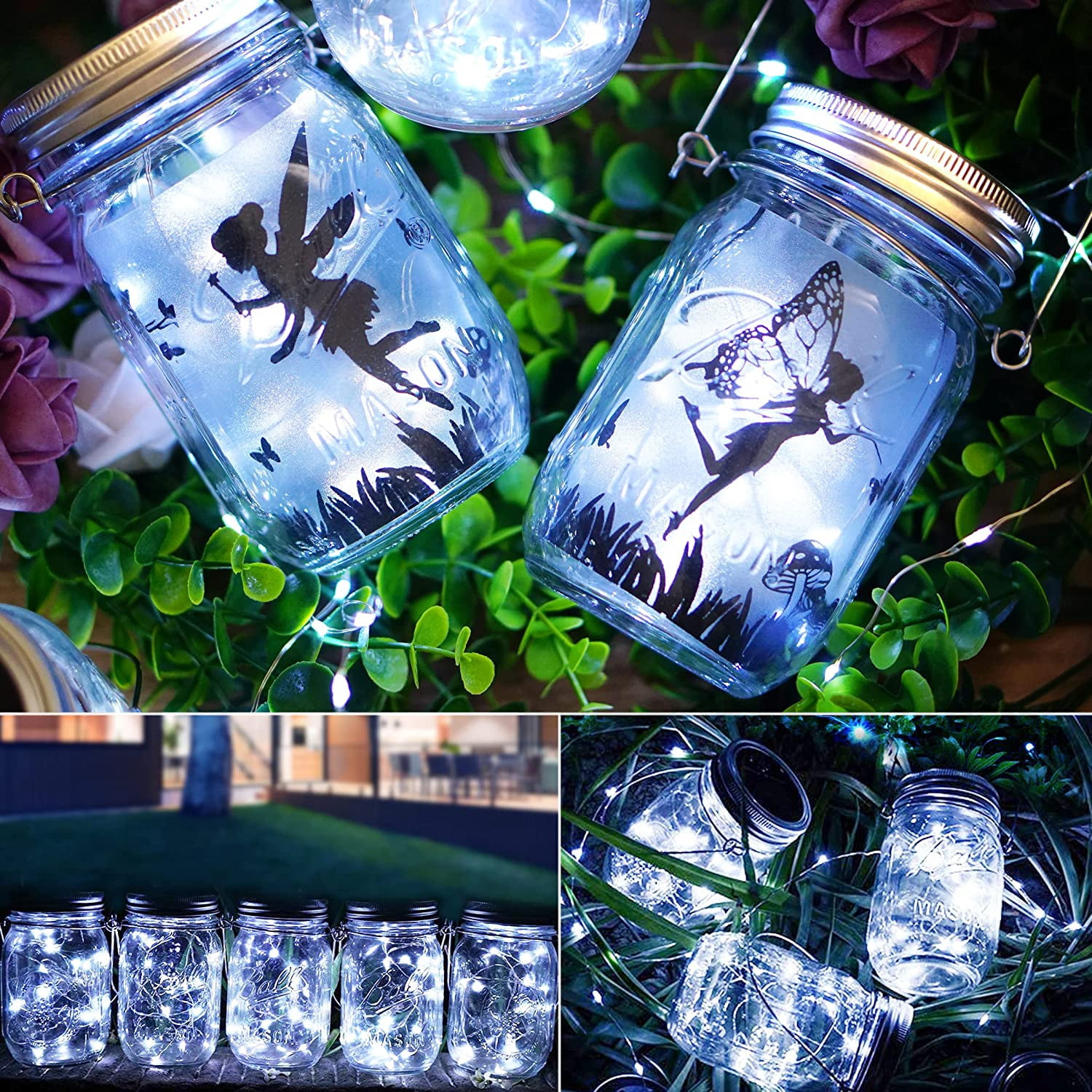 Soapow Mason Jar Solar Lights 3m 30 LED, 6 Pack Hanging Solar Mason Jar Lantern Outdoor, Waterproof Fairy Lights Solar Lamp with 6 Handles for Patio Garden Wedding Yard, Cool White (No Jars)