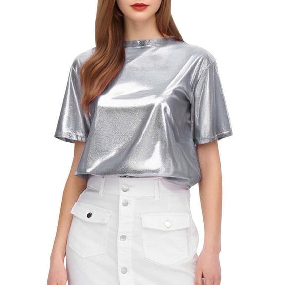 VNKIDY Women's T-Shirt Metallic Solid Color Short Sleeve Tees Crewneck Shiny Loose Fit Casual Party Tee For Night Out Festival Daily Wear Classic Top
