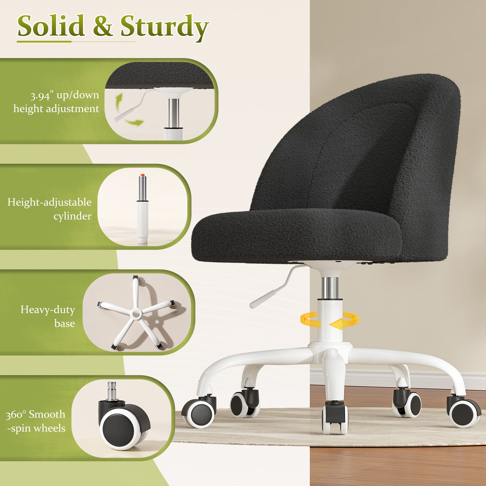 Romorgniz Vanity Chair Height Adjustable Desk Chair with Wheels, Armless Office Chair with Soft Lumbar Support for Small Space, Bedroom, Home office, Black
