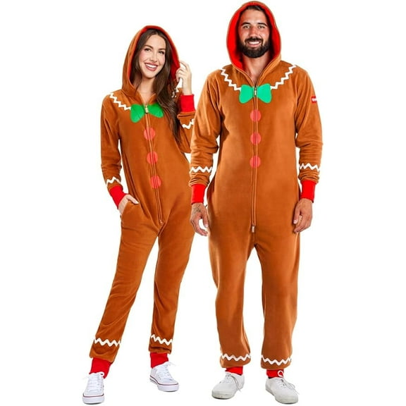 GOBWCOT Gingerbread Christmas Pajamas Unisex Plush Couple Pajamas One-piece Pajamas With Convenient Wearability Christmas Gift(M)