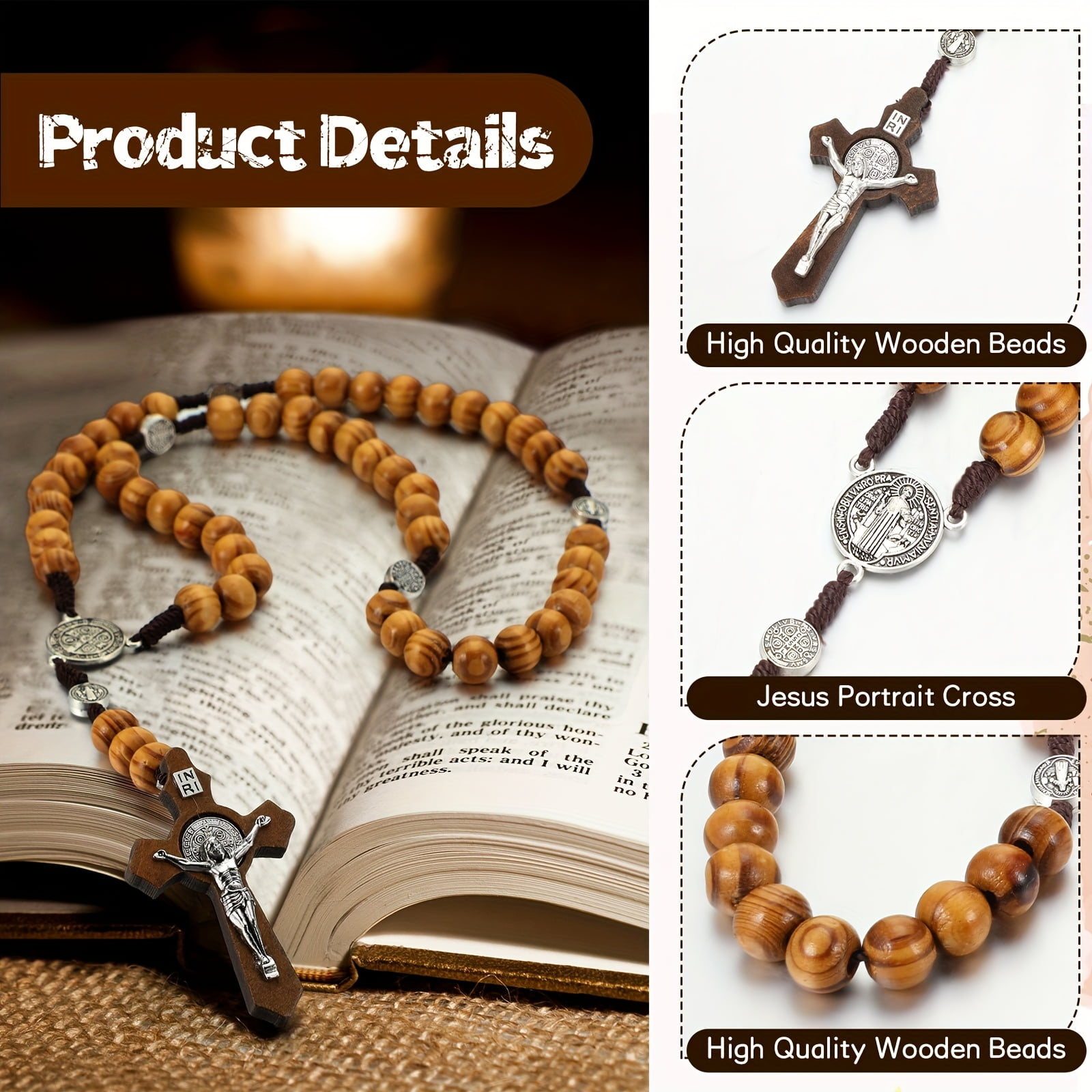 24Pcs Wooden Rosary Necklaces, Solid Wood Carved Rosary Beads Featuring "Our Father" Element, Bulk Rosaries for Baptism Favors, Church Events, Faith-Based Gifts, Rosarios Para Recuerdos