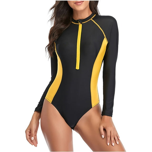 ylioge One-Piece Swimsuits for Women Long Sleeve Zip Front Bathing Suits Full-Coverage High-Cut Color-Block Beach Surfing Diving Swimsuit