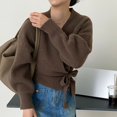 thumbnail image 5 of Cárdigan de cuello en V retro francés para mujer, abrigos de otoño 2023 con cordones, prendas de punto holgadas para mujer, suéter de manga larga liso con cintura de estilo holgado, 5 of 5