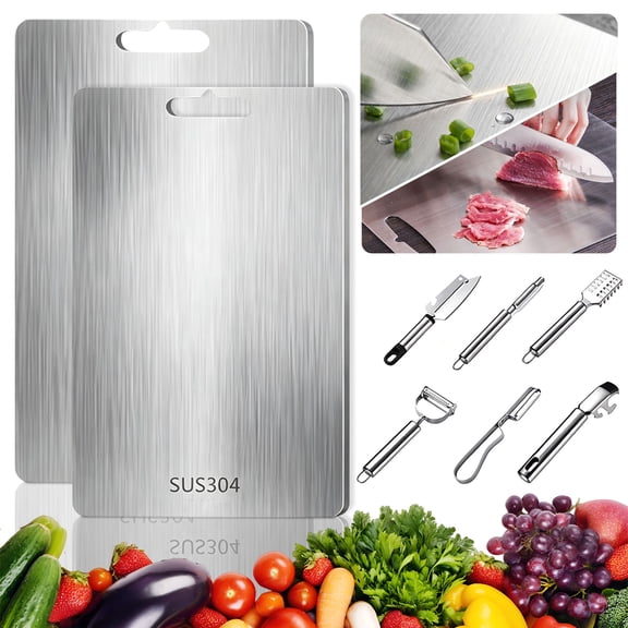 Large Stainless Steel Cutting Board Set , Titanium Cutting Boards for Kitchen Non Toxic,Double-Sided Chopping Boards for Raw & Cooked Food, Handles Included, Dishwasher Safe
