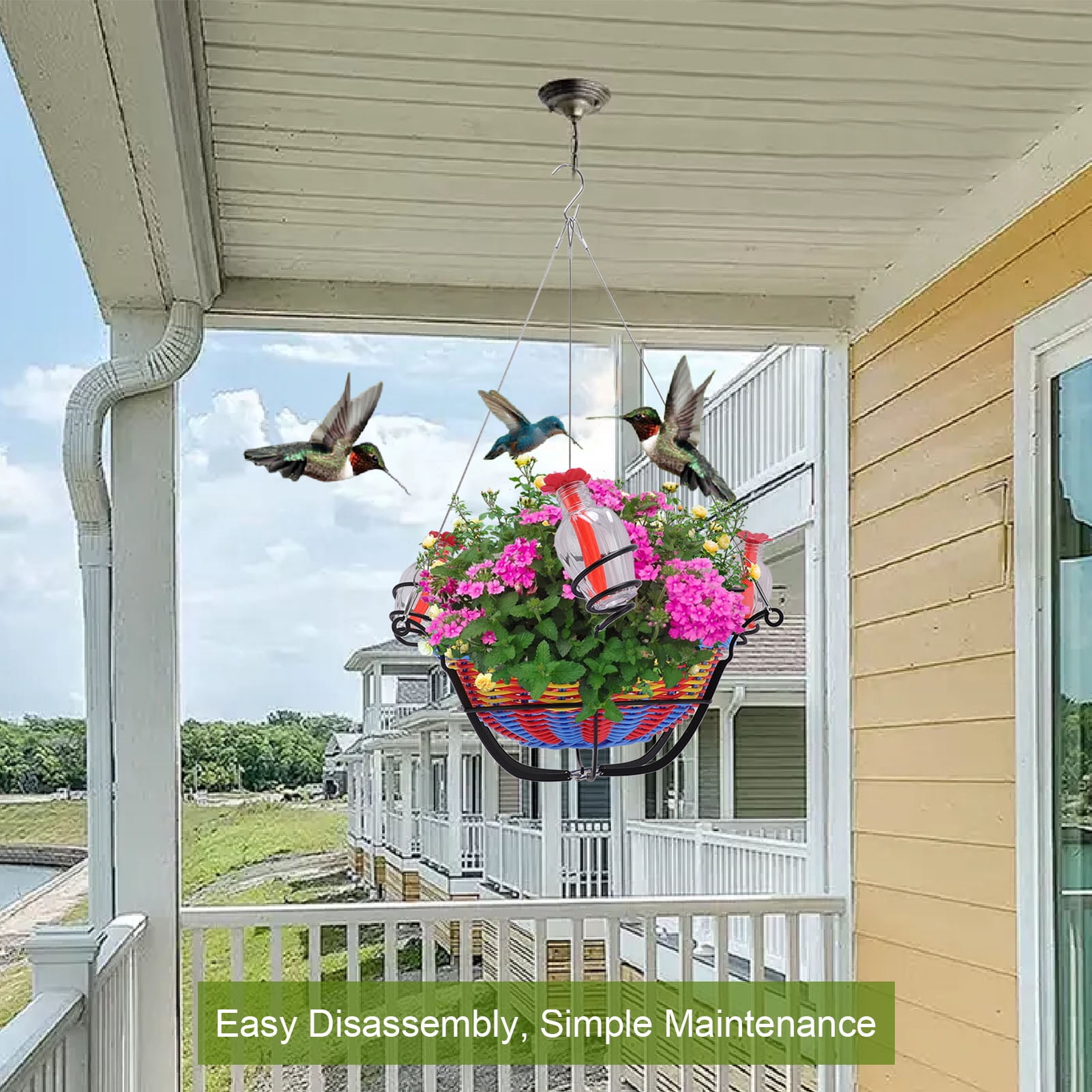 BIMZUC Outdoor Hanging Bird Feeder Rattan Basket Water Feeding Station for Hummingbirds, Garden Balcony Tree Branch Decor, 16.9 x 11.8 inches / 43 x 30 cm, Multi-color