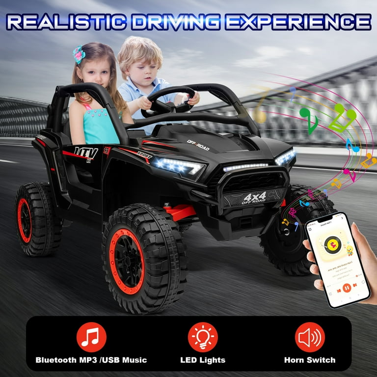4WD 24V Ride on Toys  for Kids w/Parent Remote Control, 2 Seater  7AH Kids Battery Powered Vehicles, Bluetooth Spring Suspension, Storage for Gift, Black
