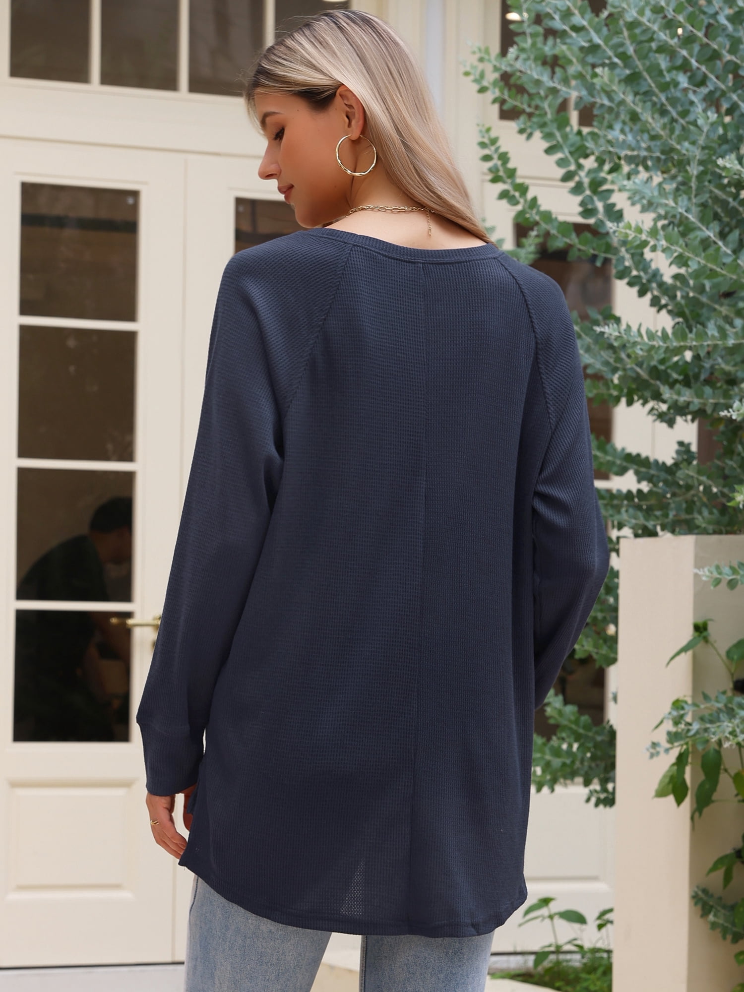 DARING DIVA Women's Crew Neck Loose Long Sleeve Waffle Knit Top XS Dark Blue