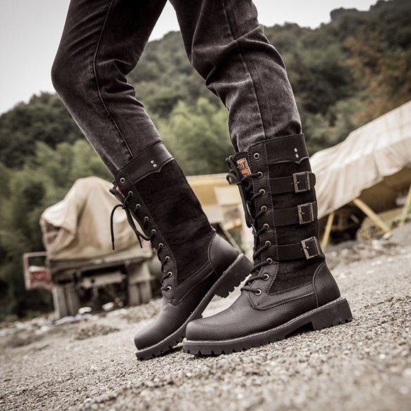 LSLJS Men's Mid-Calf Boots, Fashion Hasp Lacing Thick-soled Large Size Men Platform Locomotive Wind Leather