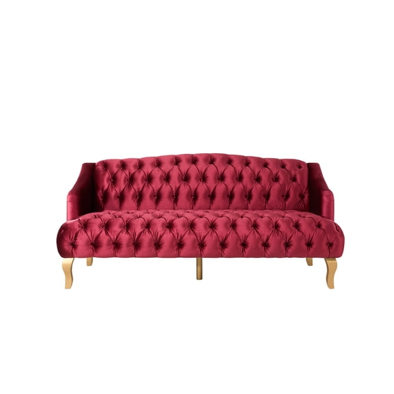 Christopher Knight Home 3-Seat Velvet Tufted Sofa, Contemporary Couch with Curved Wood Legs, Wine Red