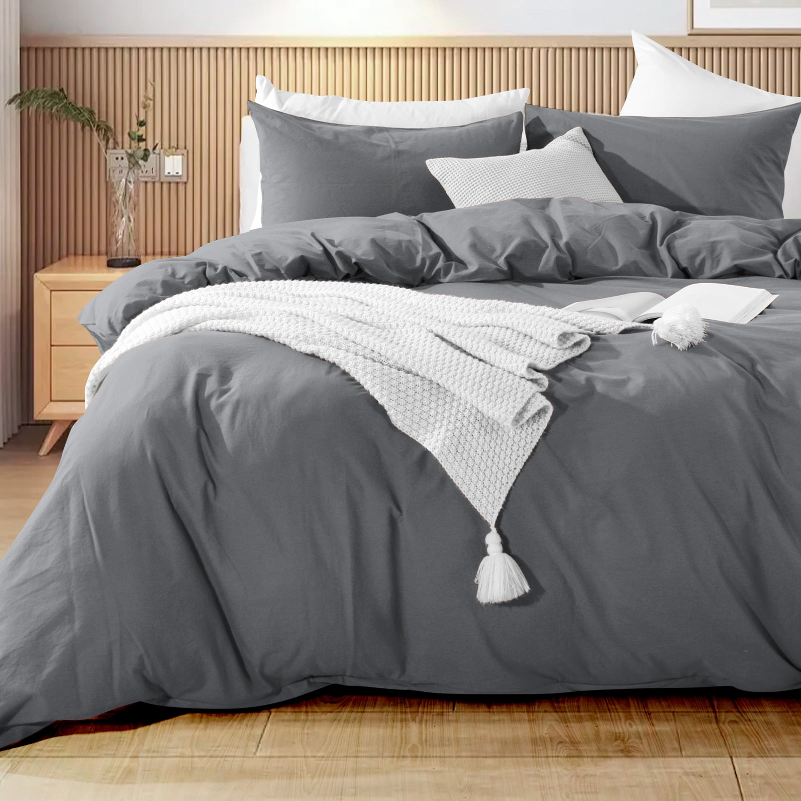 NEXHOME PRO Duvet Cover Set 100% Washed Cotton 3 Pieces Linen Breathable Soft Durable Duvet Cover Bedding Set with Zipper Closure, King Size Grey(Comforter Not Included)