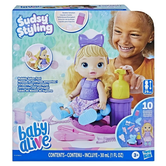 Baby Alive Sudsy Styling Doll, Includes Baby Doll Salon Chair, Accessories, Bubble Solution, Blonde Hair
