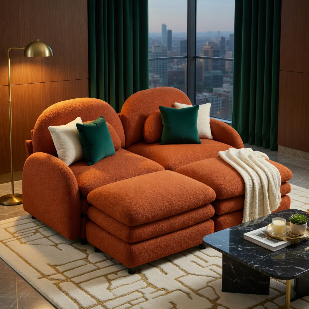 Hommoo Teddy Fleece 2-Seat Modular Sofa Set in Vibrant, Cloud-Like Double-Layer Cushions, Curved Backrest & Armrests, Includes 2 Movable Ottomans & Lumbar Pillows, Orange