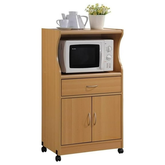 Microwave Cart with Storage, Beech Kitchen Cabinet - Rolling Microwave Stand with Drawer & Shelves - Compact Kitchen Organizer for Appliances & Dishes Small