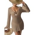 thumbnail image 3 of Laqbezok Women's Crochet Beach Cover Up, Sexy Deep V-Neck Hollow Out Mini Dress, Long Bell Sleeve See Through Knit Swimsuit Outerwear for Resort, 3 of 8