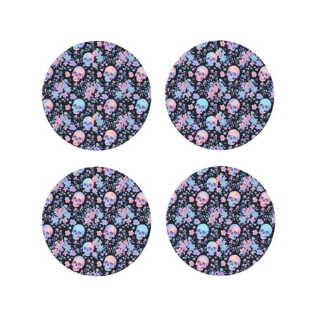 

Fuzoiu cool Skull flower Print Leather Coasters Set Drink Coasters Set of 4 for Tabletop Protection Durable PVC Coasters Home Décor and Housewarming Gift-Round Shape