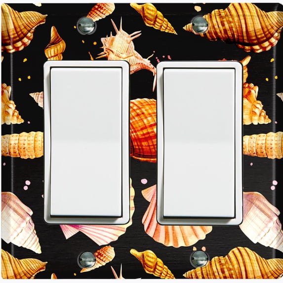 Metal Light Switch Wall Plate Outlet Cover (Colorful Sea Shells Pattern Black - Double Rocker)