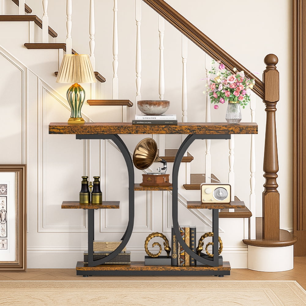 Industrial Chic 5-Tier Console Table, 42.5" Entryway Table with Storage Shelf, Rustic Brown