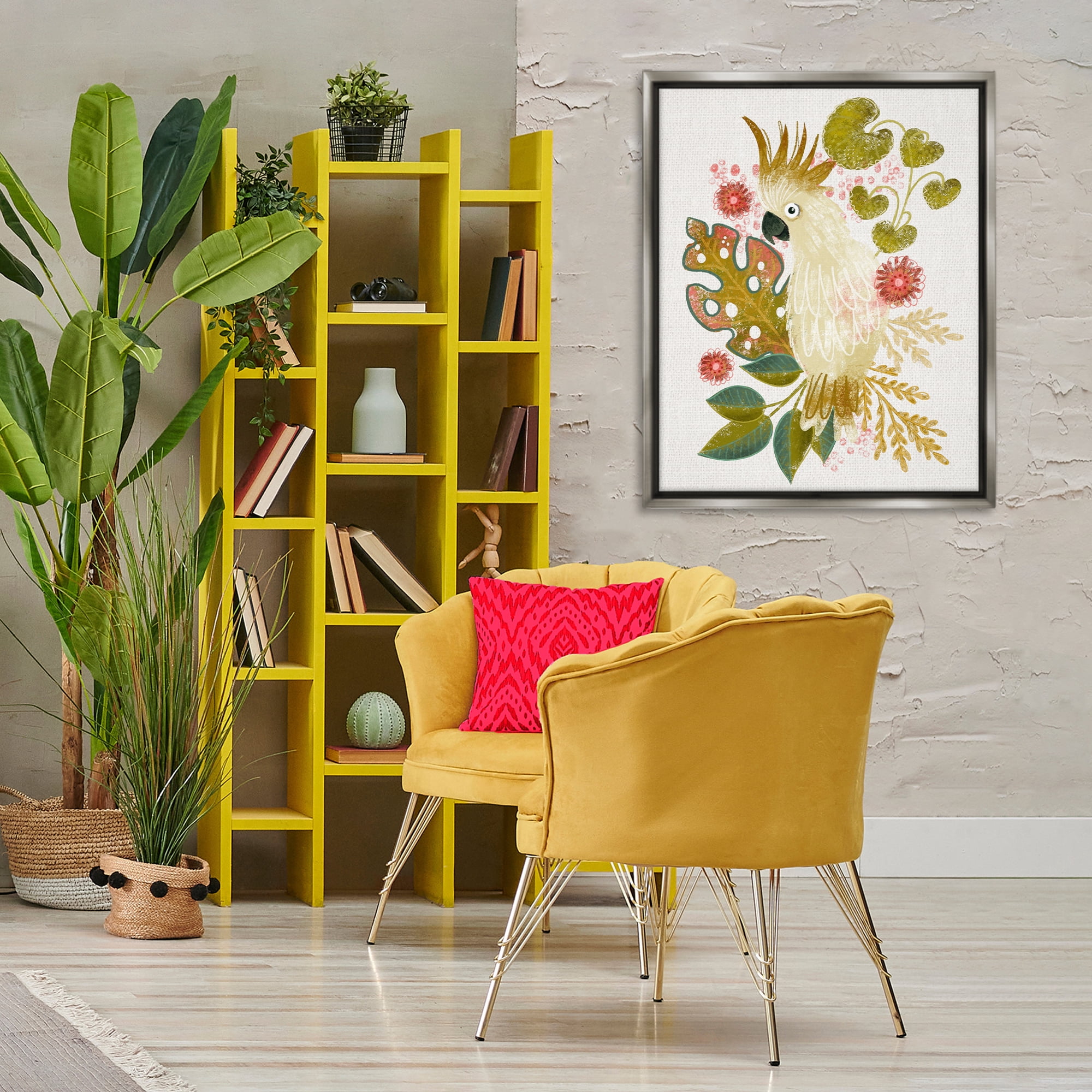 Stupell Industries Cockatoo & Tropical Leaves Animals & Insects Painting Gray Floater Framed Canvas Art Print Wall Art, 25 x 31