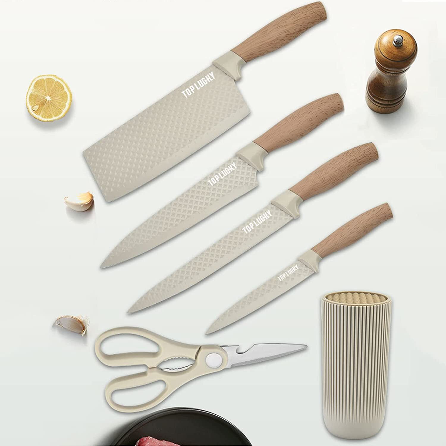  Kitchen Knife Set, 8-Pieces Khaki Sharp Chef Knife Set with  Block, Knife Block Set with Diamond Grain Non-stick Knife Blade, Stainless  Steel Cooking Knives Suitable for Home Restaurant Apartment: Home 