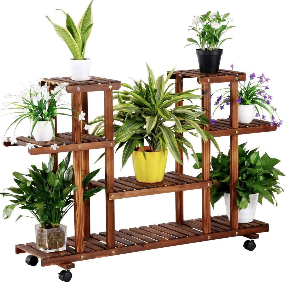 Wood Plant Stand Indoor Outdoor With Wheel, Plant Display Multi Tier Flower Shelves Stands