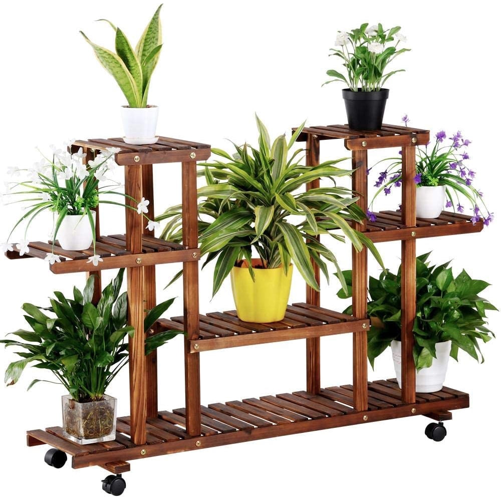 Wood Plant Stand Indoor Outdoor With Wheel, Plant Display Multi Tier Flower Shelves Stands
