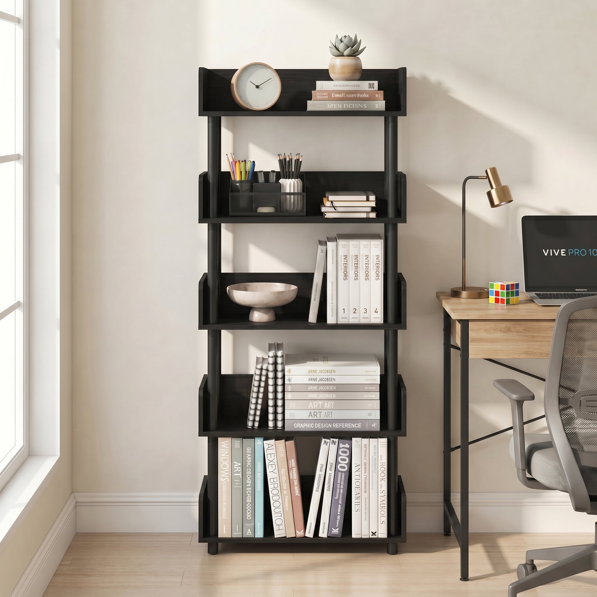 Furinno TURN-N-TUBE Book Shelf, 5-Tier Bookshelf, Bookcases, Storage Shelves with Rounded Corner Top Edges, 9.2 x 23.6 x 52.6, for Organization and Storage, Living Room, Home Office, Espresso
