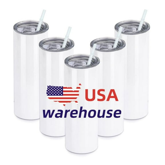 20oz Stainless Steel Tumblers - Sublimation Blanks with Lid & Straw - White, USA Warehouse - Heat Transfer Printing DIY Craft, Bulk 25 Pack
