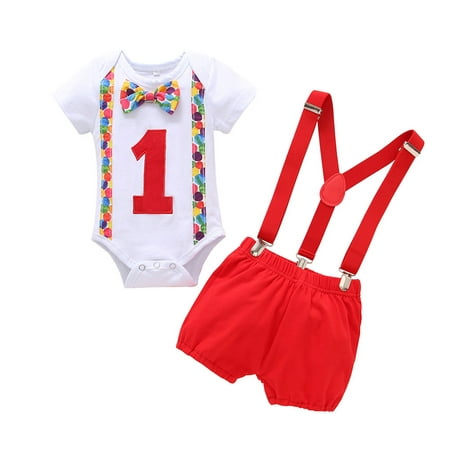 

QWERTYU Infant Baby Toddler Boy 2PCS Short Sleeve Birthday Party Bow Tie Bodysuit and One-year-old Suspender Shorts Set Outfits Summer Clothes Set 6M-18M Red 90