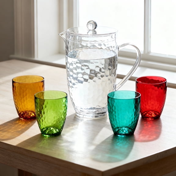 WowProLiv 5 Piece Set of 5 Plastic Clear Pitcher 92oz 92 Ounce and 4 Drinking Cups Tumblers MS Glasses 14 oz  14 Ounce