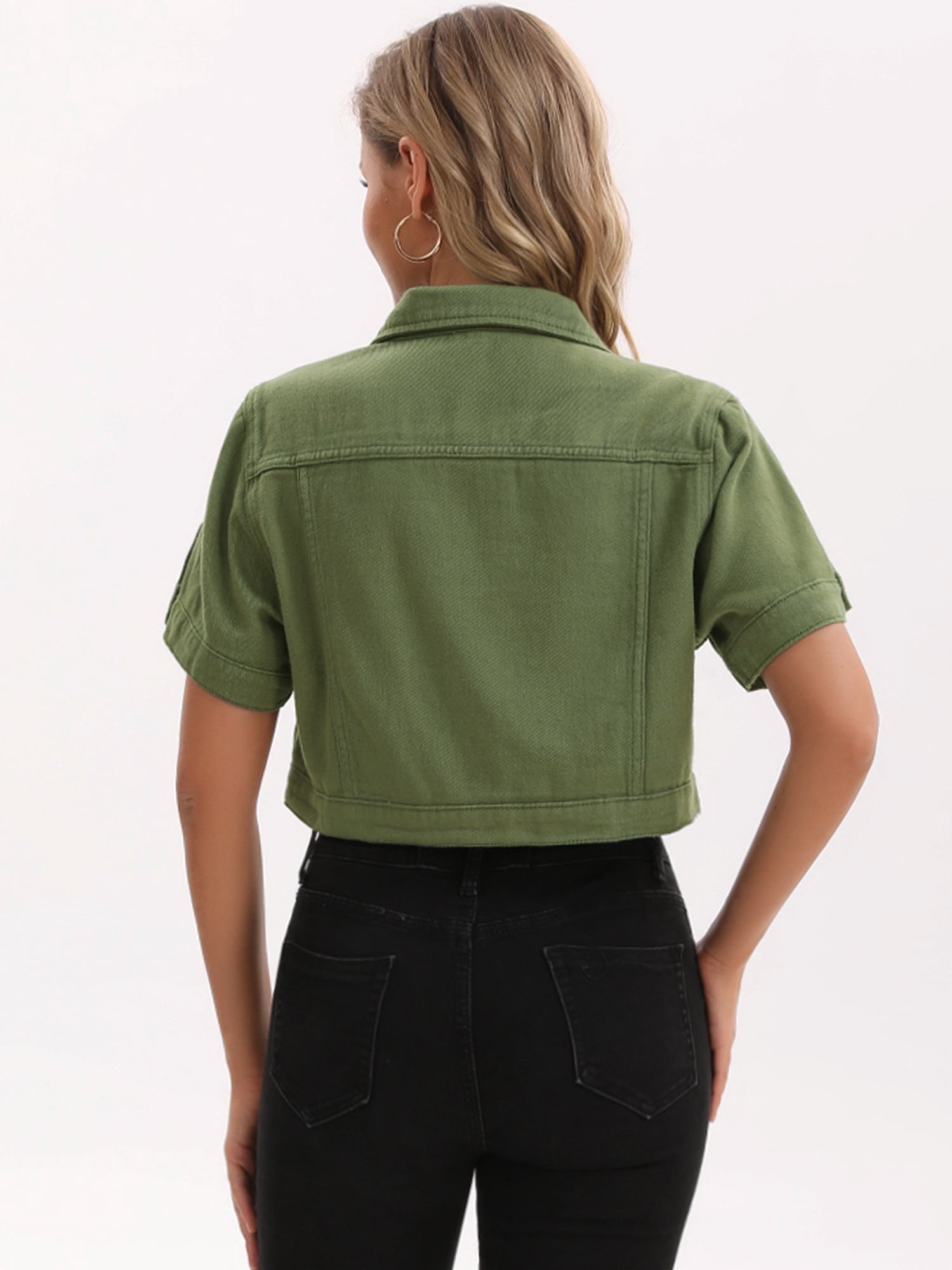 DARING DIVA Women's Short Sleeve Denim rendy Cropped Jean Jacket L Army Green