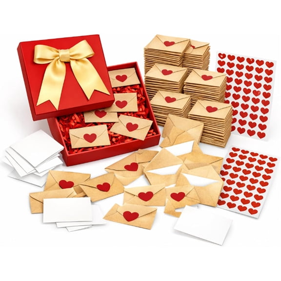 DIY Love Notes Box - Mini Blank Cards & Envelopes for Him Her, Valentine’s Day Love Cards with Heart Stickers, Romantic Gifts for Boyfriend Girlfriend Husband Wife (60set)Q