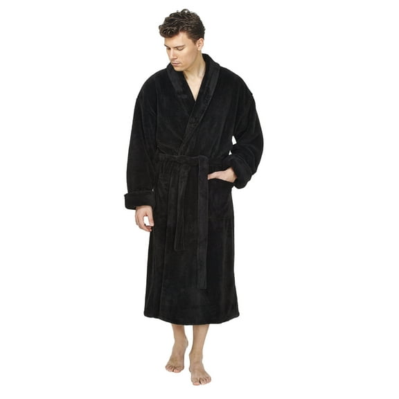 Arusa Int. Men's Shawl Collar Premium Fleece with Full Ankle Length Bathrobe Black S-M