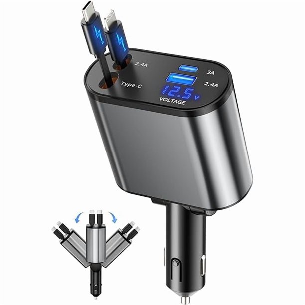 Chenchen Retractable Car Charger, 4 in 1 Fast Charging Car Charger with USB-C & USB-A, Compatible with iPhone 17/16/15/14/13/12/11,Galaxy,Pixel, Car Accessories for Men Women Drivers
