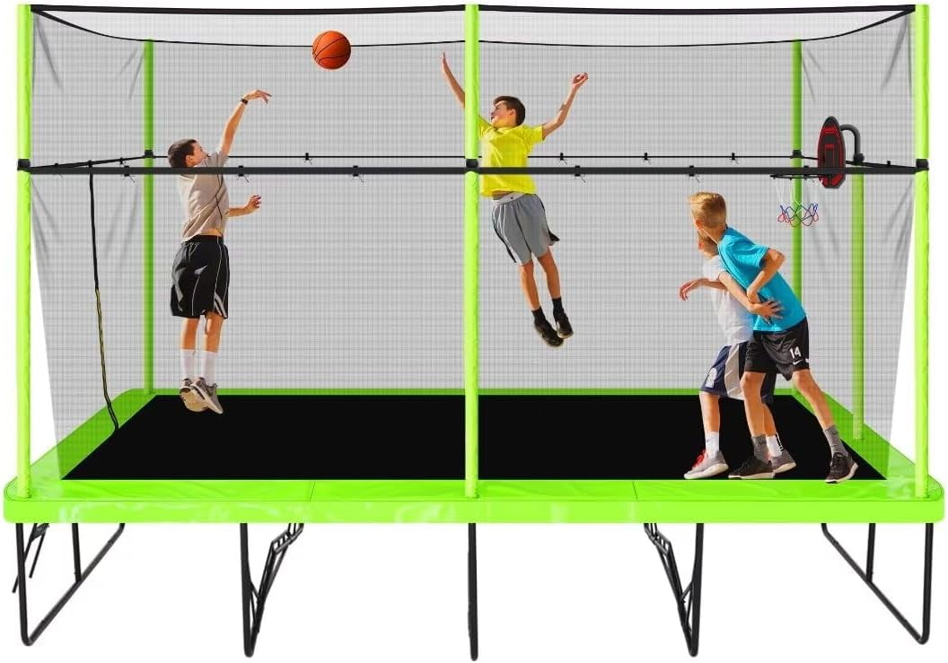 Rectangle Trampoline for Adults, 10x17 FT Large Outdoor Rectangular Trampoline for Backyard - ASTM Certified - Gymnastics Trampoline with Enclosure Net, Basketball Hoop, Strong Base, Green