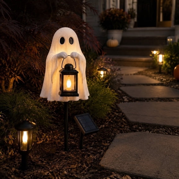 Halloween Ghost Solar Garden Stake Light, Resin Figurine With Warm LED Lantern, Waterproof Auto On‑Off Outdoor Decor For Yard Patio Walkway Porch