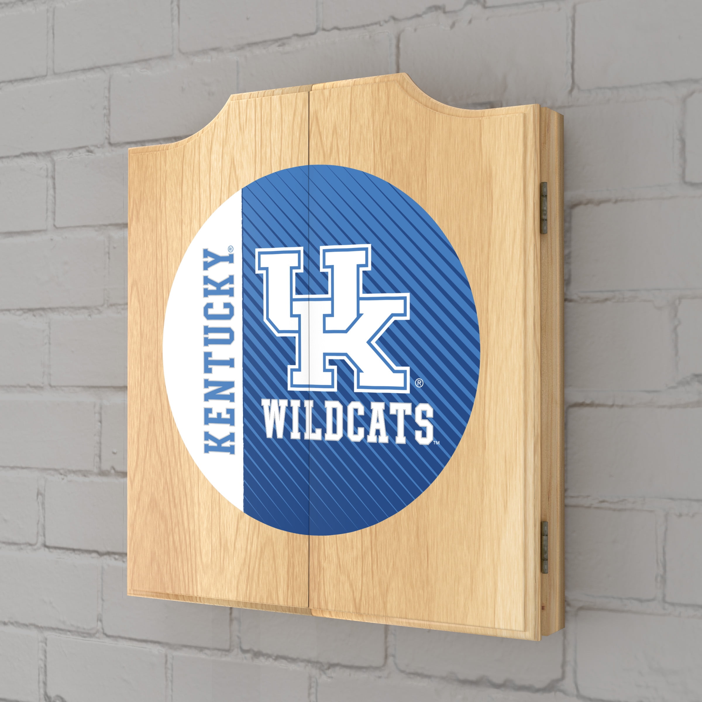 University of Kentucky Text Dart Board Cabinet Set with 6 Steel Tip Darts