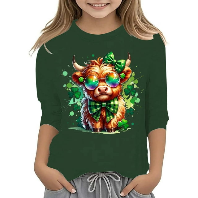 LUOGENLI T-Shirt pour Filles T-Shirt Graphique de la Saint-Patrick à la Mode Polyvalent Col Rond Manches 3/4 T-Shirt Décontracté Haut pour Filles Tendance Grande Taille Vert Foncé 13-14 Ans