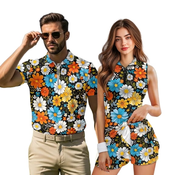 KUIFORTI Colorful Daisy Floral Matching Golf Shirts for Couple Quarter Zip Couple Golf Matching Outfits Breathable Fabric Mens Hawaiian Shirt Keep Cool in Hot Weather Machine Washable