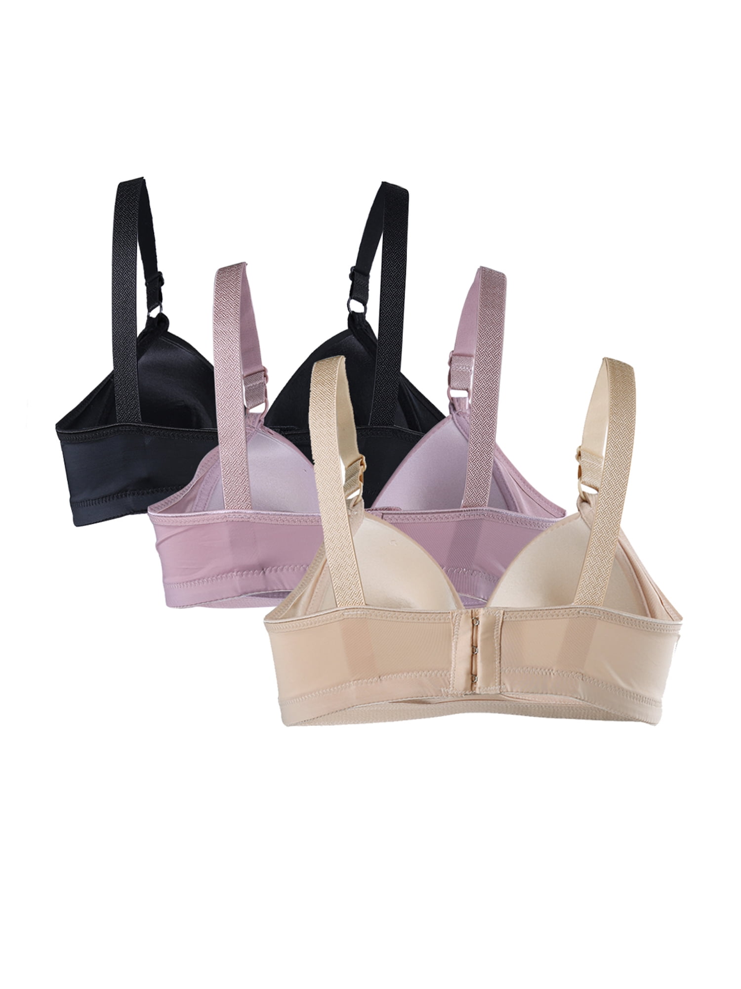 INSPIRE CHICWomen Comfortable Soft Stretchy Basic Full Coverage Wirefree Non-Wired Everyday Bra 3 Pcs Black+Beige+Pale Pink-Stripe 40/90 Fit 36A 36B