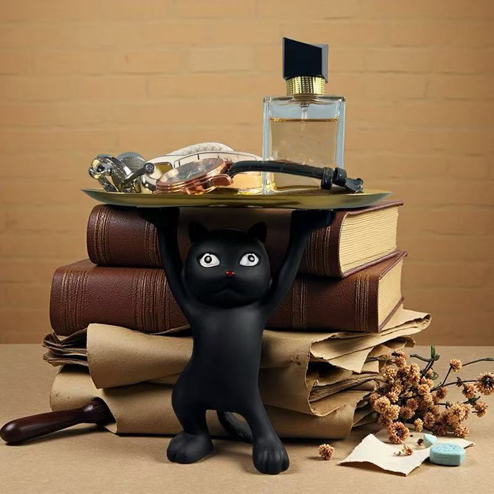 OIUR Cartoon Cat Key Storage Tray Resin Standing Cat Figurine Statue with Tray Multi-purpose Jewelry Trinket Holder Organizer Decoration