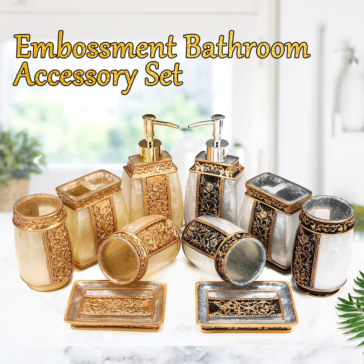 5pcs Gold Embossment Flowers Bathroom Accessory Set Resin Soap Dispenser Tumbler