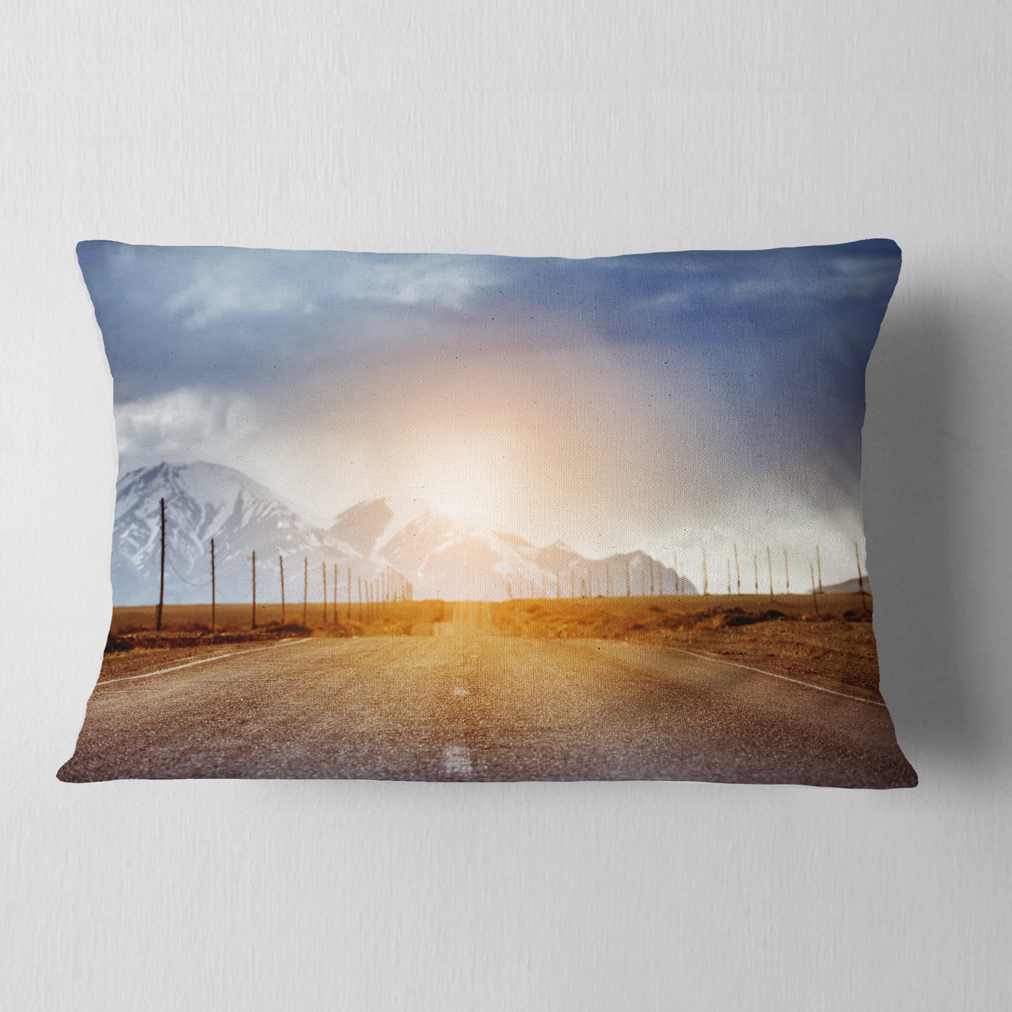 Designart Straight Road under Blue Sky - Landscape Printed Throw Pillow - 12x20