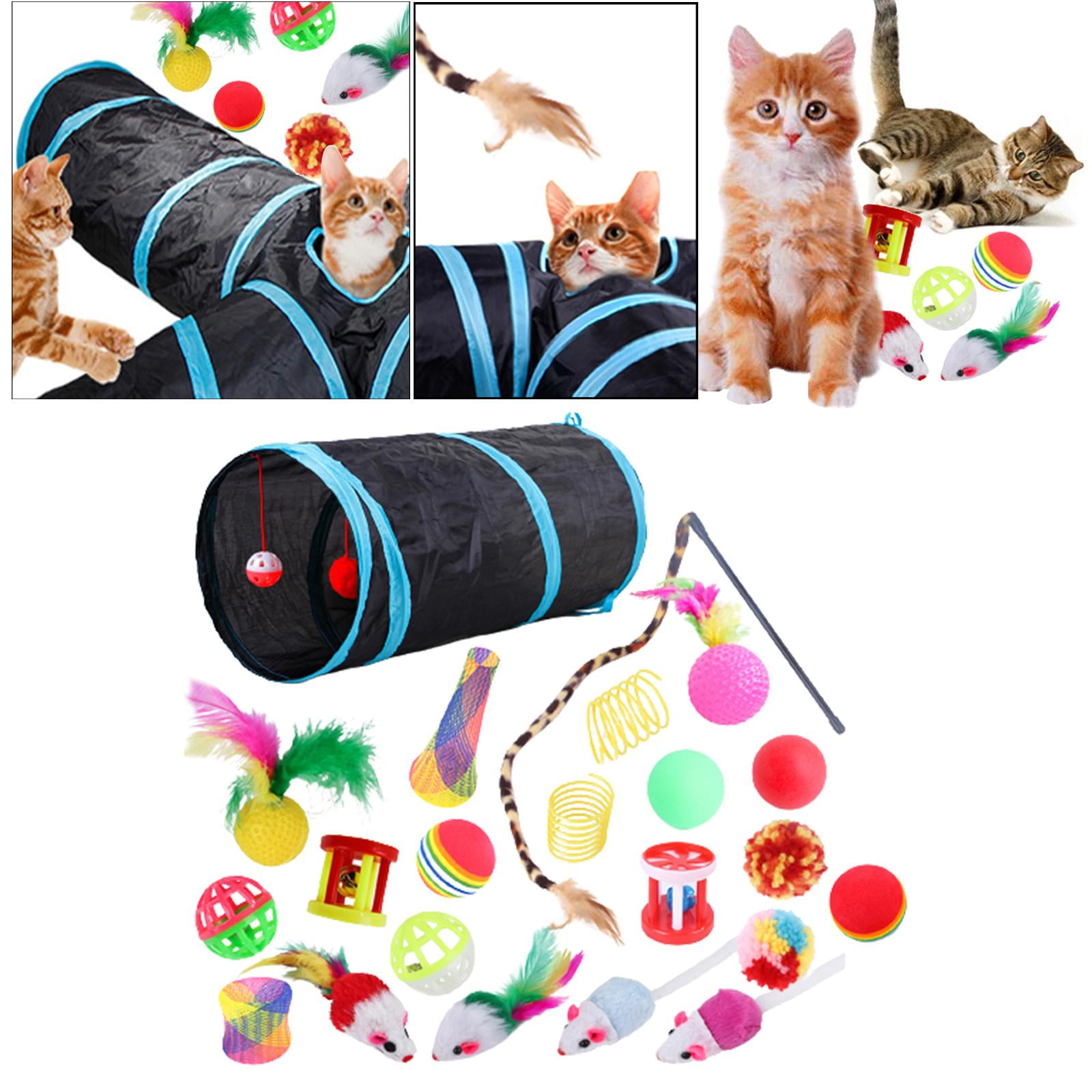 22 piece Interactive Cat Toy Sets,Collapsible Cat Tunnels for Indoor Cats, Feather Teaser Crinkle Balls Spring Toy Catnip Fish for Cats , B99501 C-22pcs