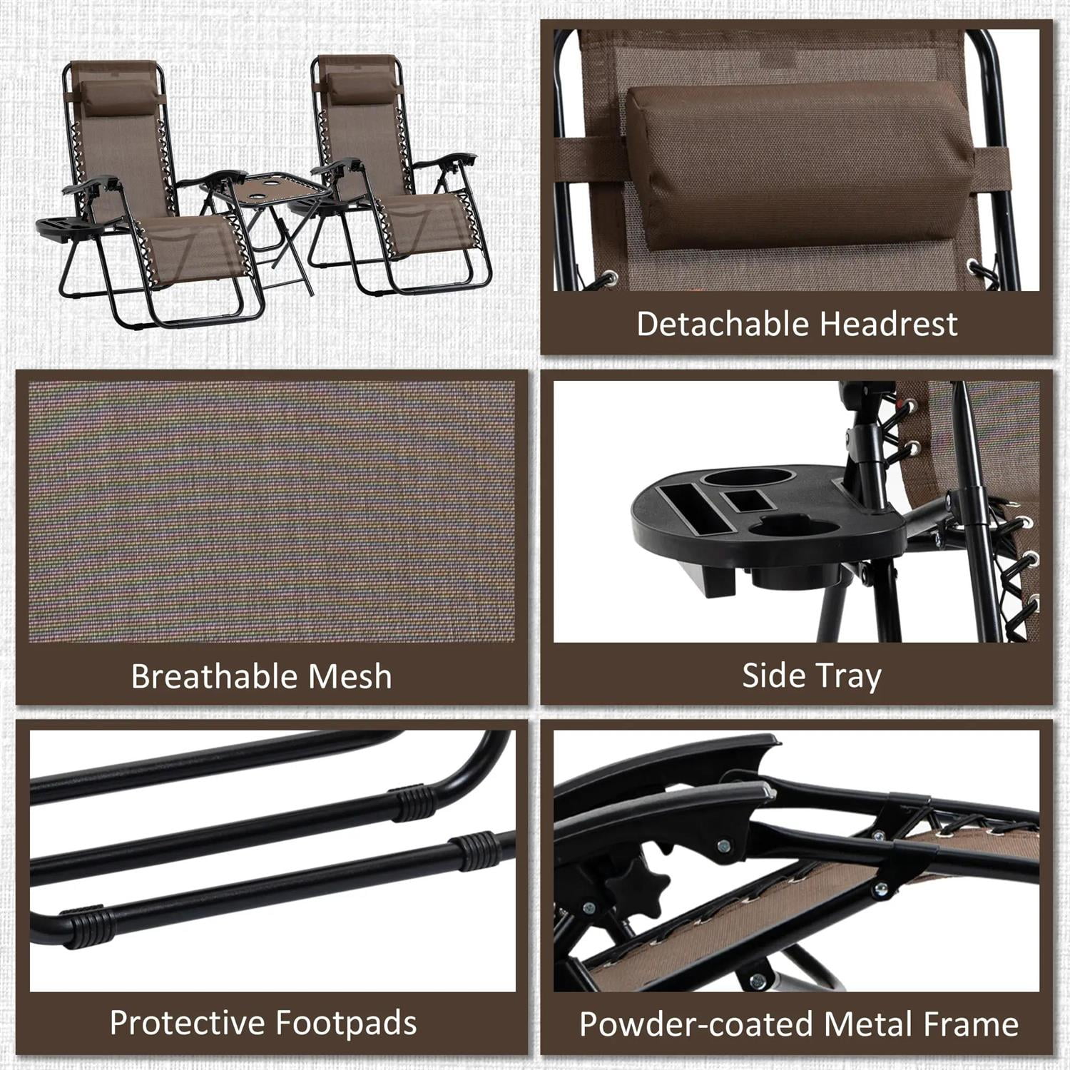 Demi Bonn Outdoor Zero Gravity Chair Set with Side Table, Folding Reclining Chair with Cupholders, Pillows, Adjustable Lounge Chair for Pool, Backyard, Lawn, Brown